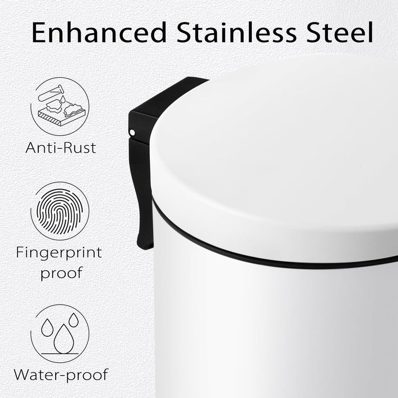 TIPGO Small Trash Can with Lid Soft Close, 4.5 Liters / 1.2 Gallon Bathroom Garbage Can, Mini Step Trash Bin, Stainless Steel Wastebasket for Bathroom, Bedroom, Office (White) - Image 3